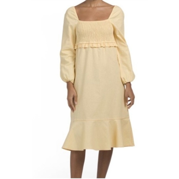 NWT For All Mankind Linen Smocked SquareNeck PuffSleeve Cottage Dress Yellow L - Picture 1 of 3
